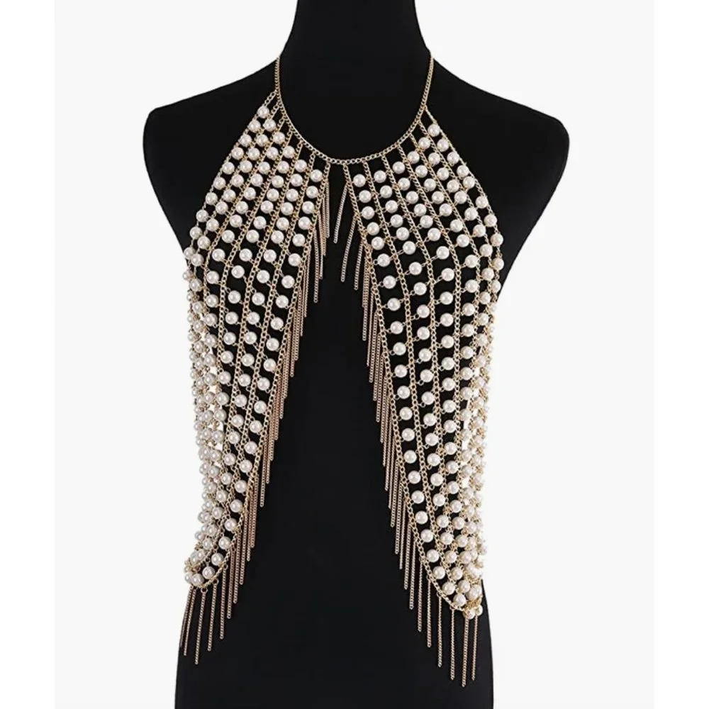 Gold Faux Pearl Chain Tassel Body Jewelry Rave Halter Crop Top - Picture 5 of 10